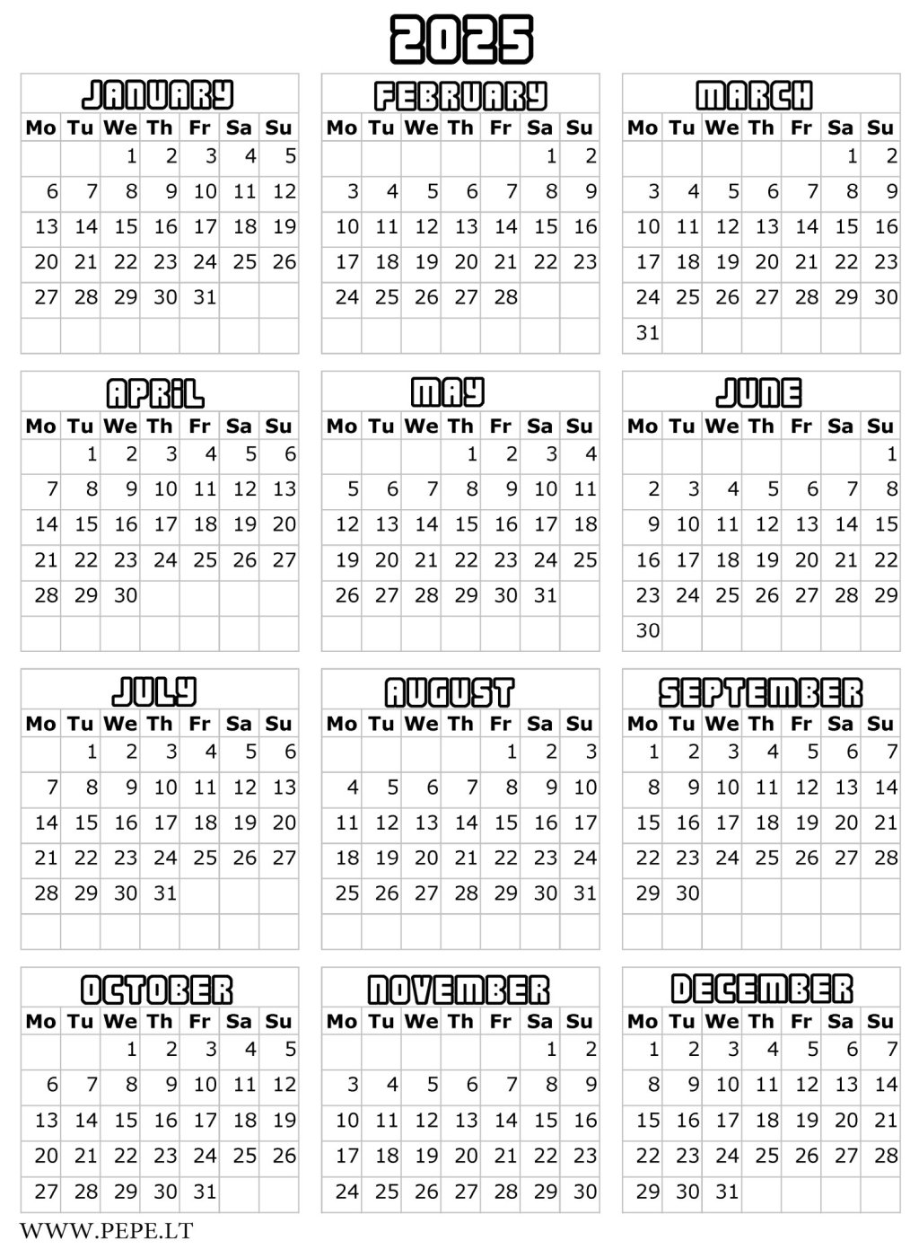 2025 calendar for coloring free