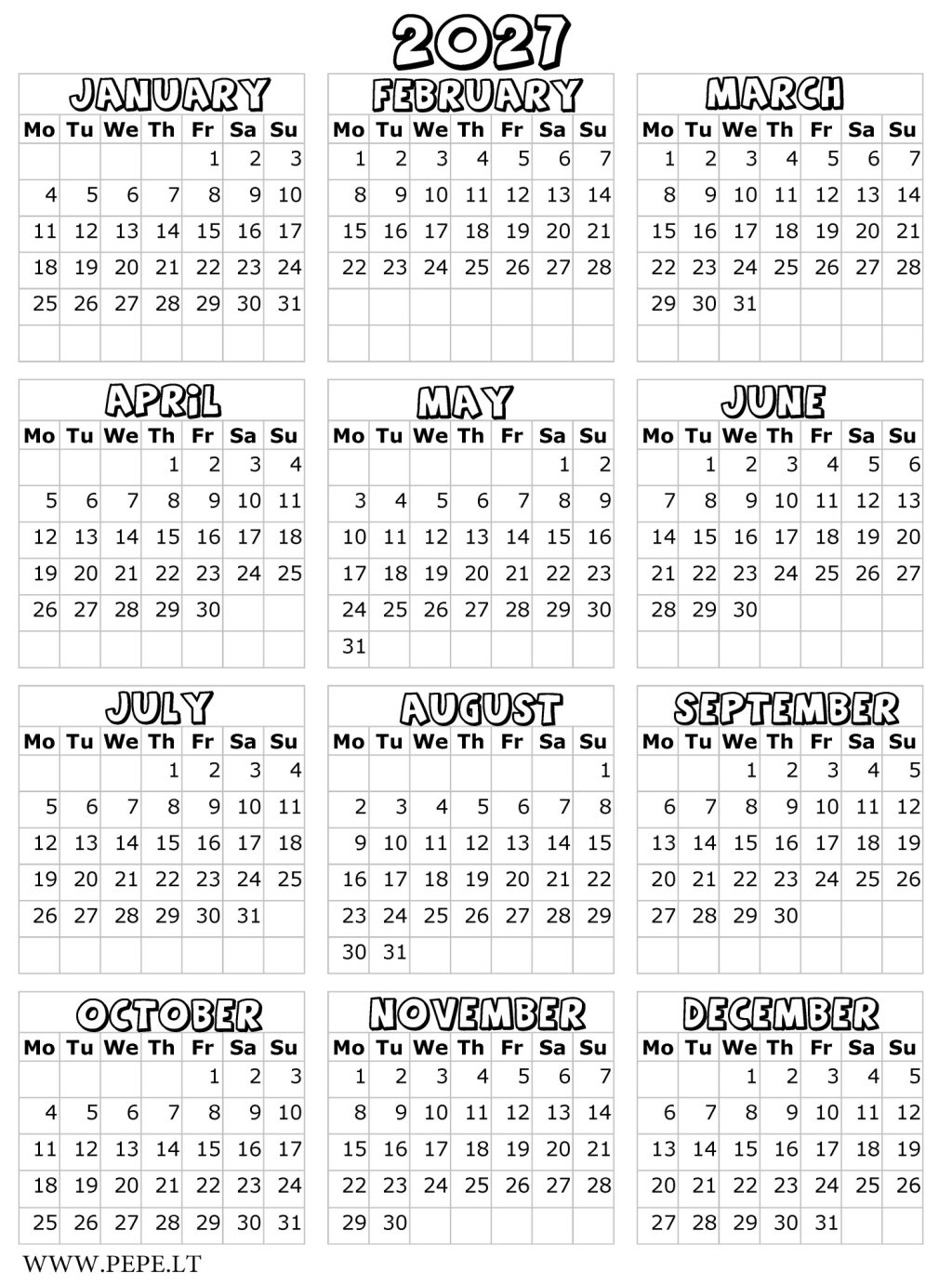 Easy calendar for 2027