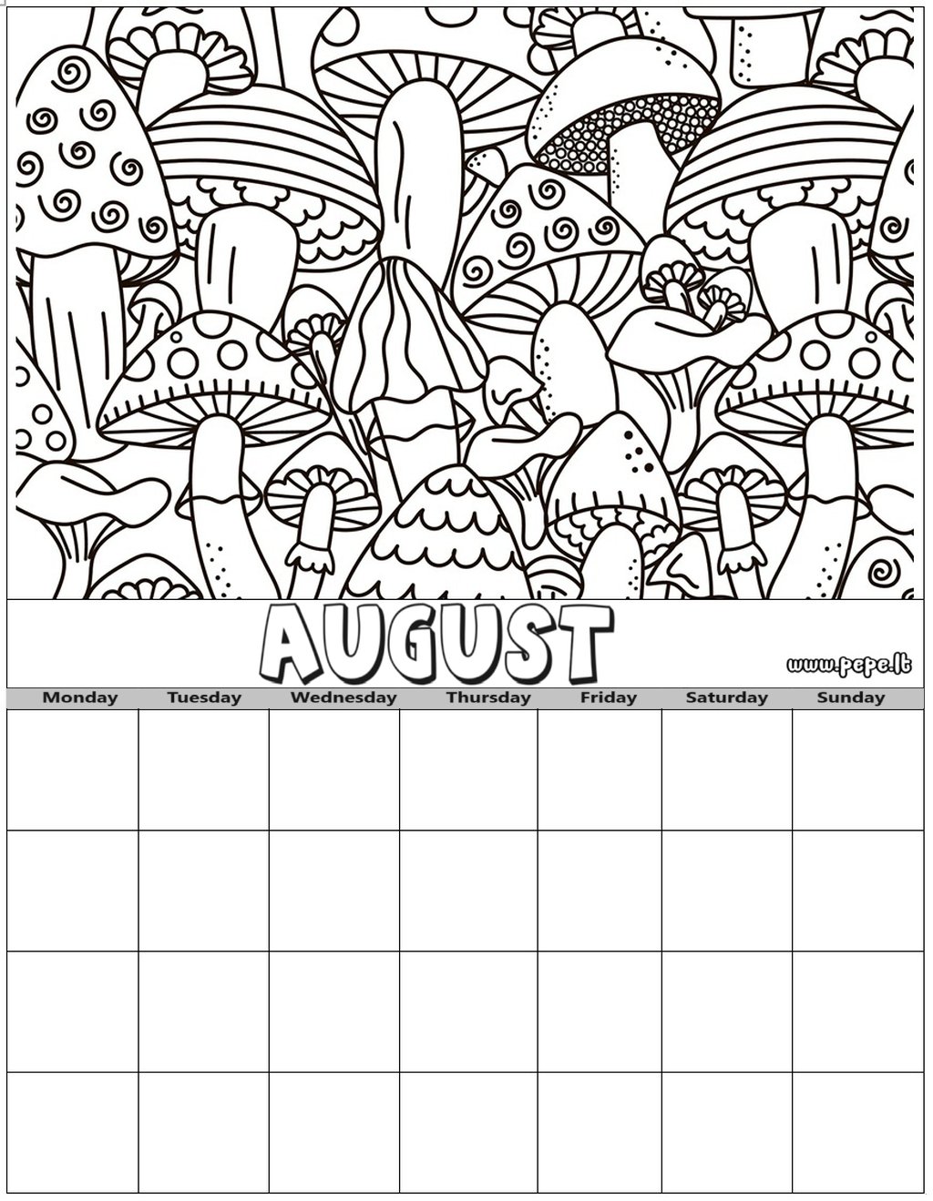 August calendar for coloring