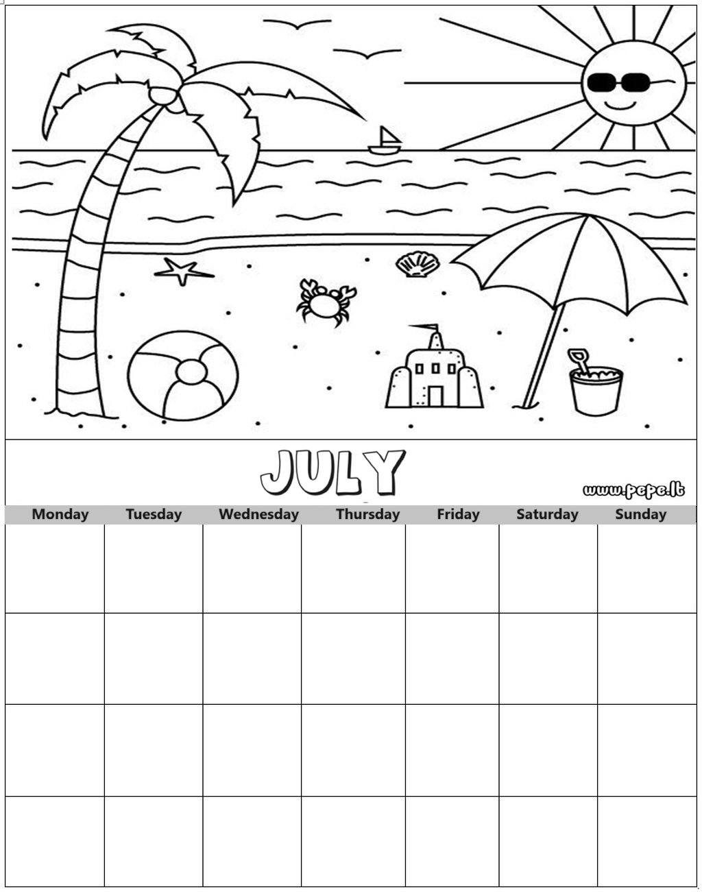 July calendar coloring