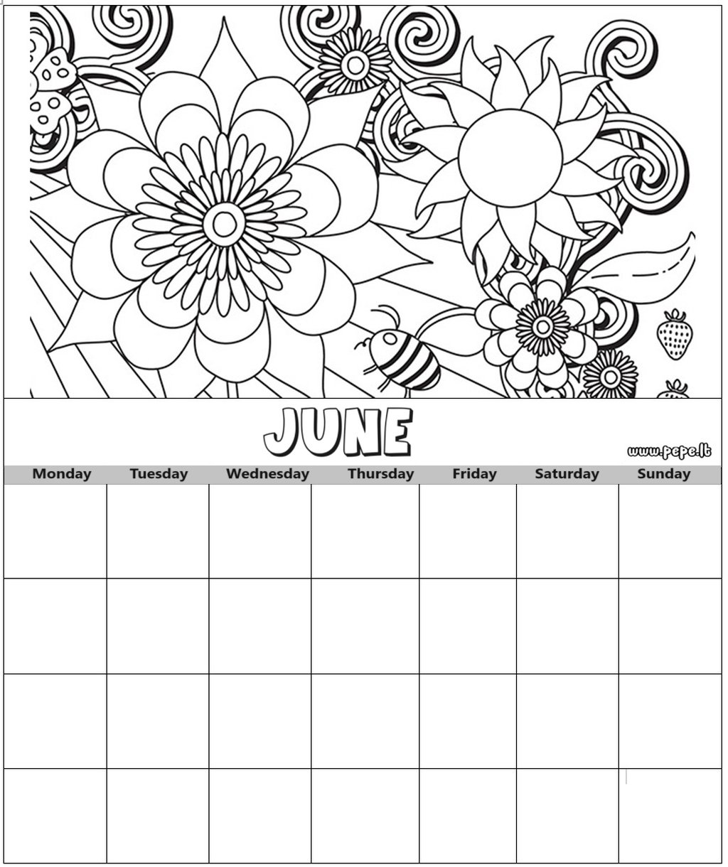 June calendar for coloring and printing