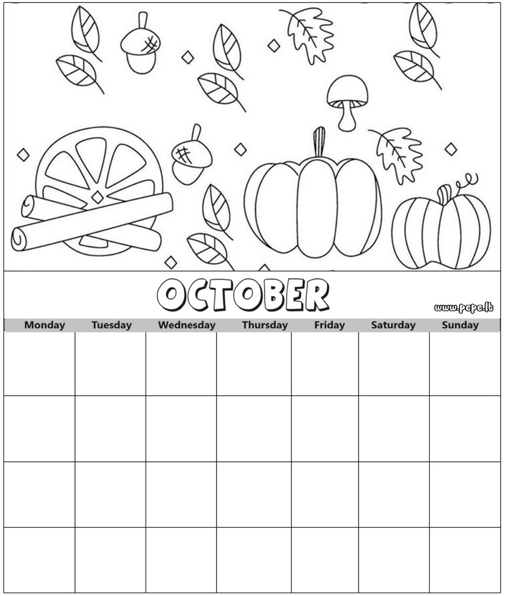 October monthly calendar coloring