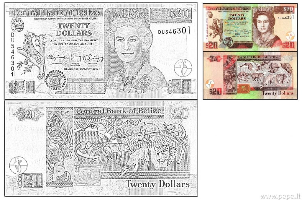 20 Belize-dollars met koningin.