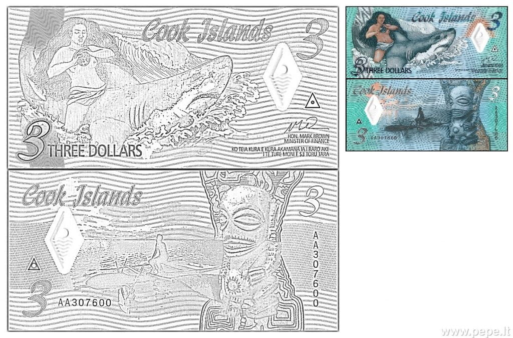 Cookovy ostrovy tři dolary barevné