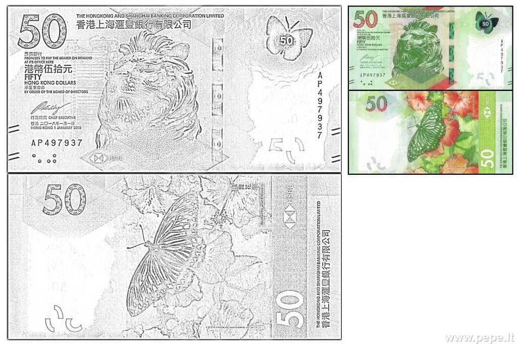 50 Hong Kong dollar tegning for fargelegging