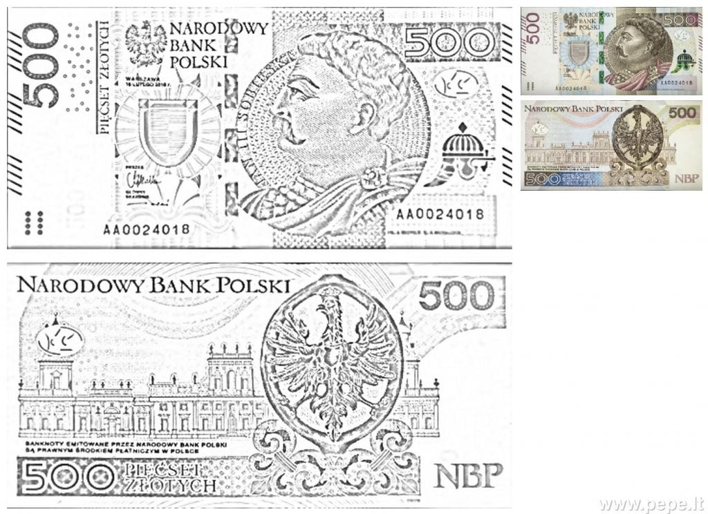 500 Polijas zlotu banknote  krāsojamās lapasna