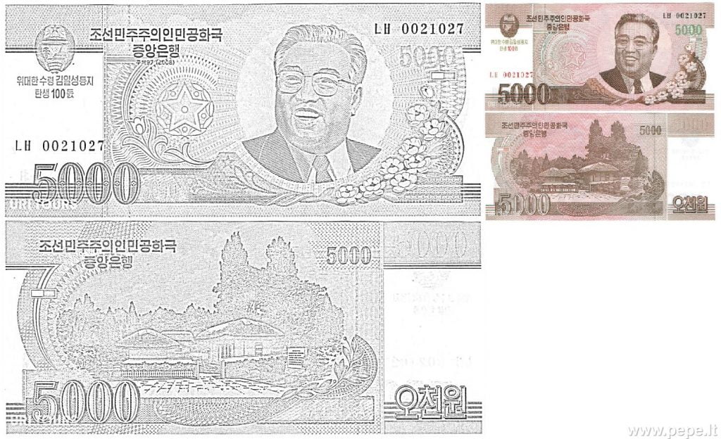 5000 von Shimoliy Koreya pullari rangli