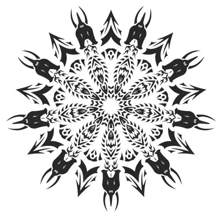 Aštrių linijų tatuiruotės mandala piešinys spalvinimui