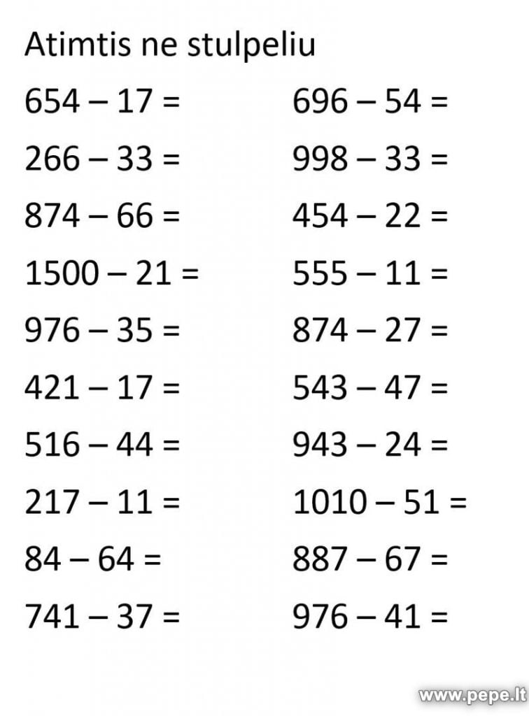 Tarefa matemática, subtração sem coluna.