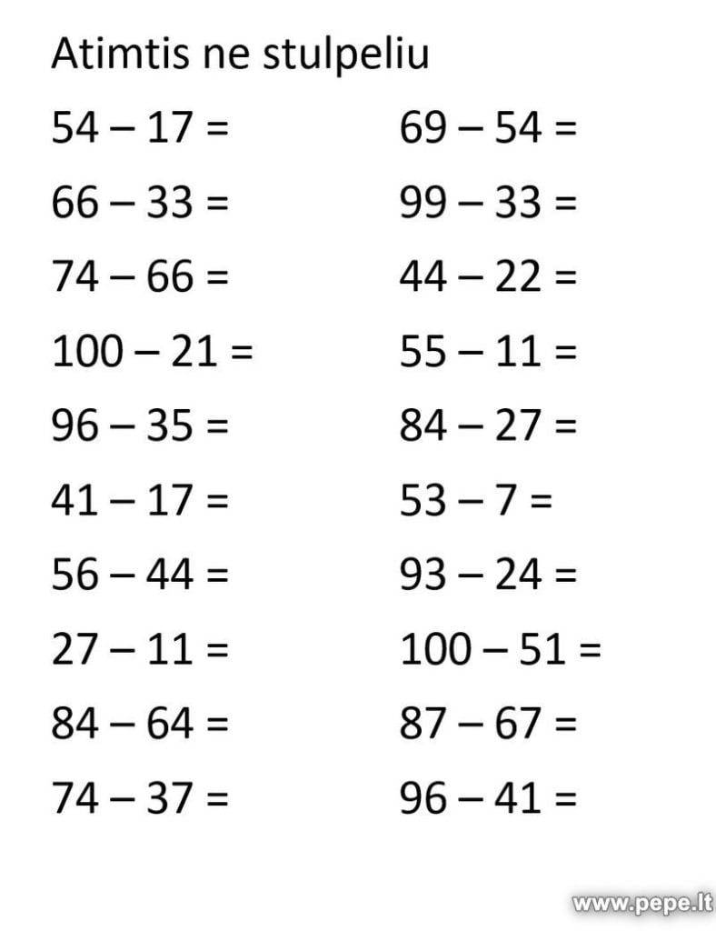 Soustraction non par colonne, mathématiques pour les élèves de troisième année.