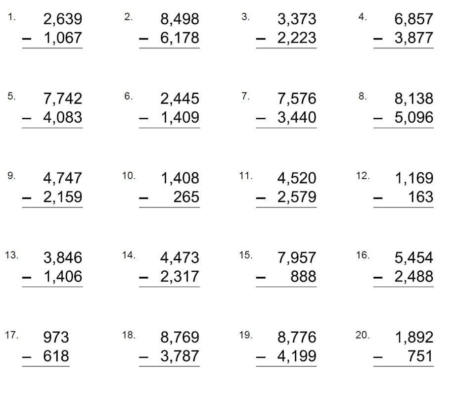 Soustraction à quatre chiffres pour les élèves de sixième année.