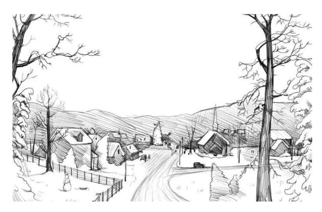 Sort og hvid blyanttegning til farvelægning - landsby