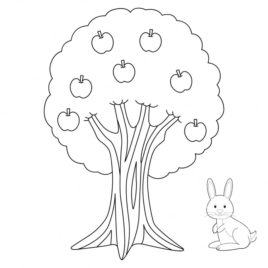 Tranh để tô màu con thỏ và cái cây dễ thương