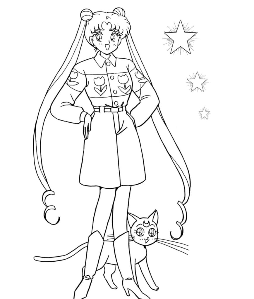 Sailor Moon na may kuting para pagkukulay