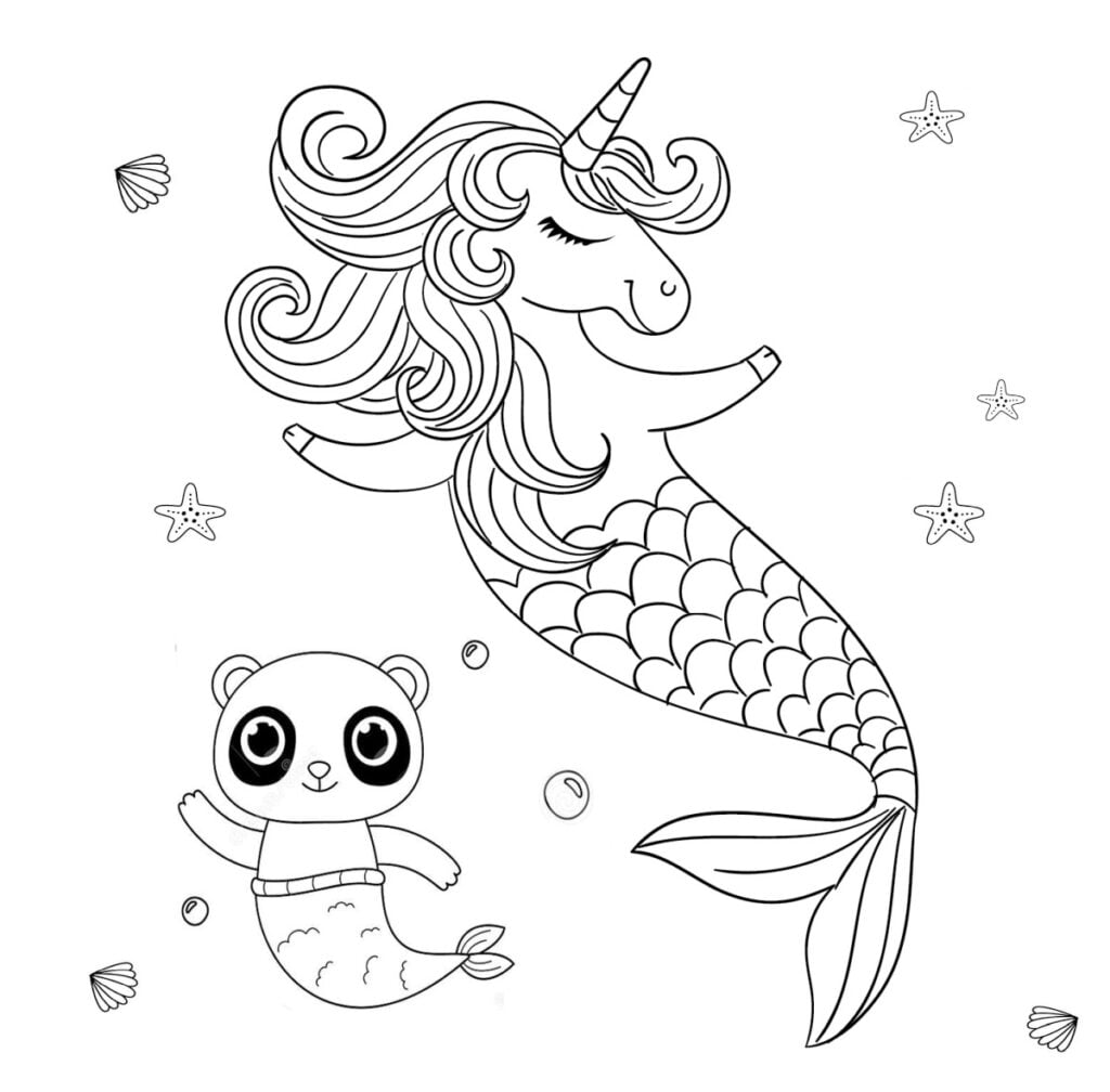 Mořská panna jednorožec, kresba omalovánky