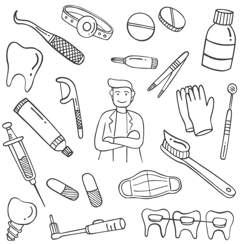 Les outils du dentiste pour colorer le dentiste