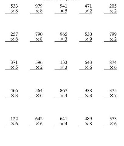 Moltiplicazione matematica in colonna per la quinta elementare.