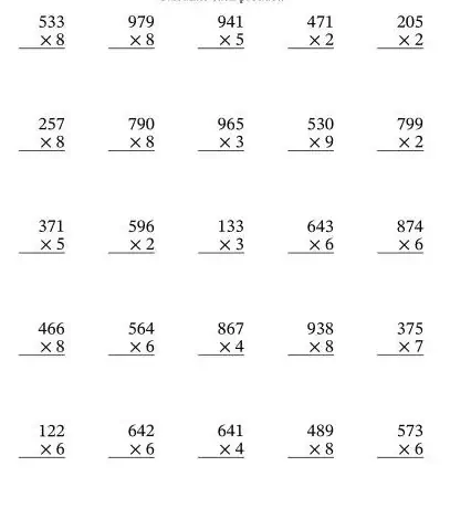 Multiplicación matemática en columna para quinto grado.