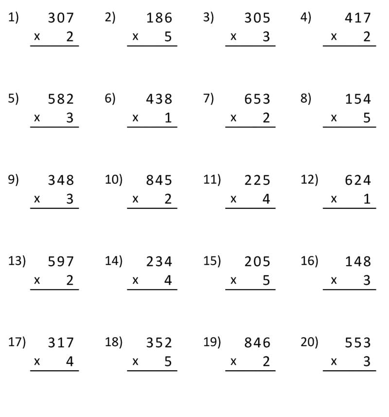 Multiplicación en columna de números de tres dígitos.
