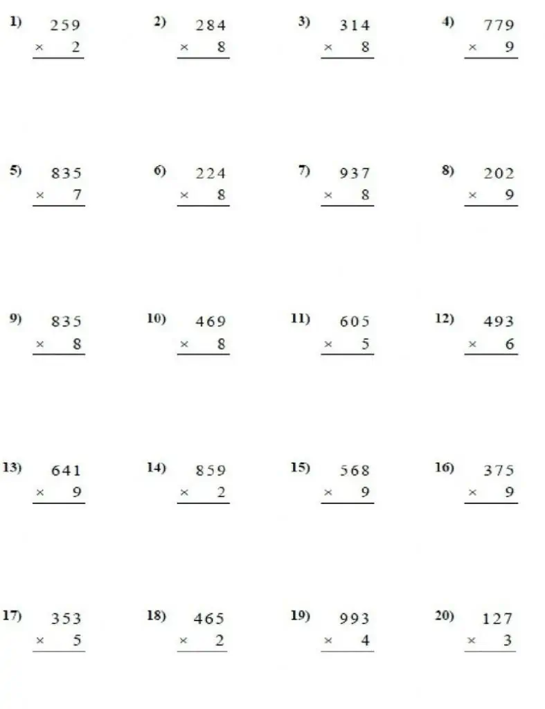 Problemas de multiplicación matemática, tabla.