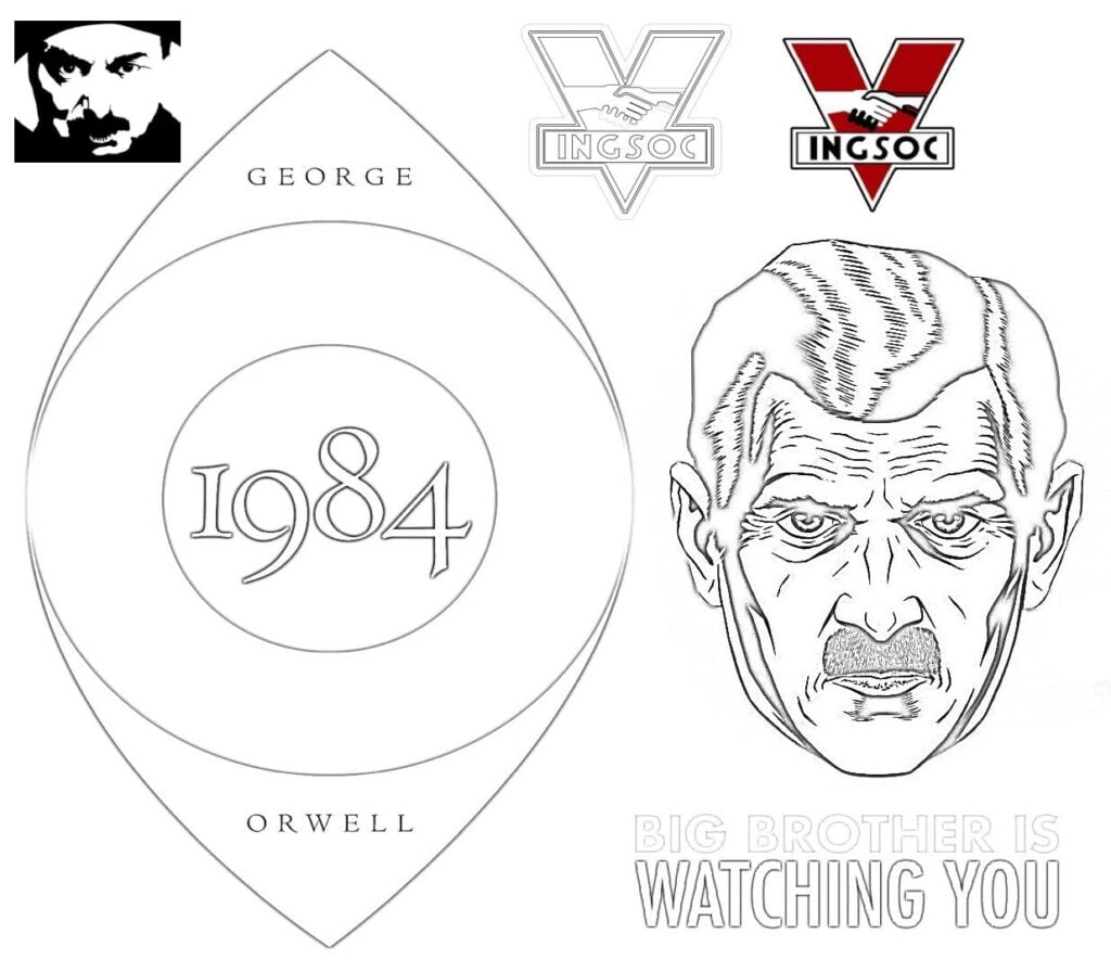 1984 George Orwell-kleurboek. Ingsoc. Grote broer die naar je kijkt. Big Brother houdt je in de gaten. Boekomslag
