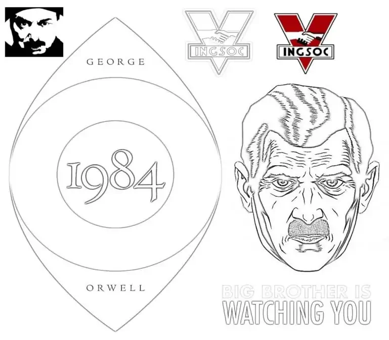 Omaľovánka George Orwell z roku 1984. Ingsoc. Veľký brat ťa sleduje. Veľký brat ťa vidí. Obal knihy