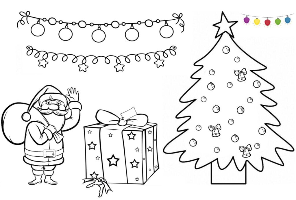 Santa Claus, darčeky, svetlá a vianočný stromček na vyfarbenie