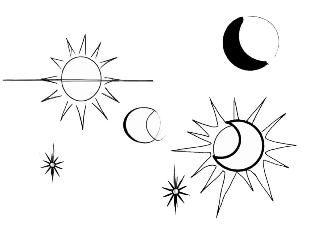 Rum, sol, måne, planeter og stjerner, sorte streger til farvning