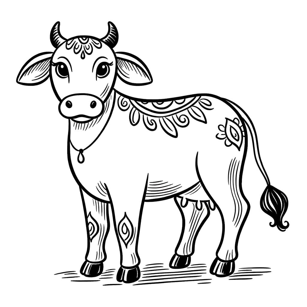 インドの神聖な牛のぬりえページ。