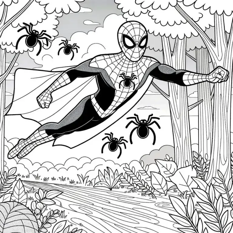 Faqja e ngjyrosjes Spiderman duke fluturuar në pyll