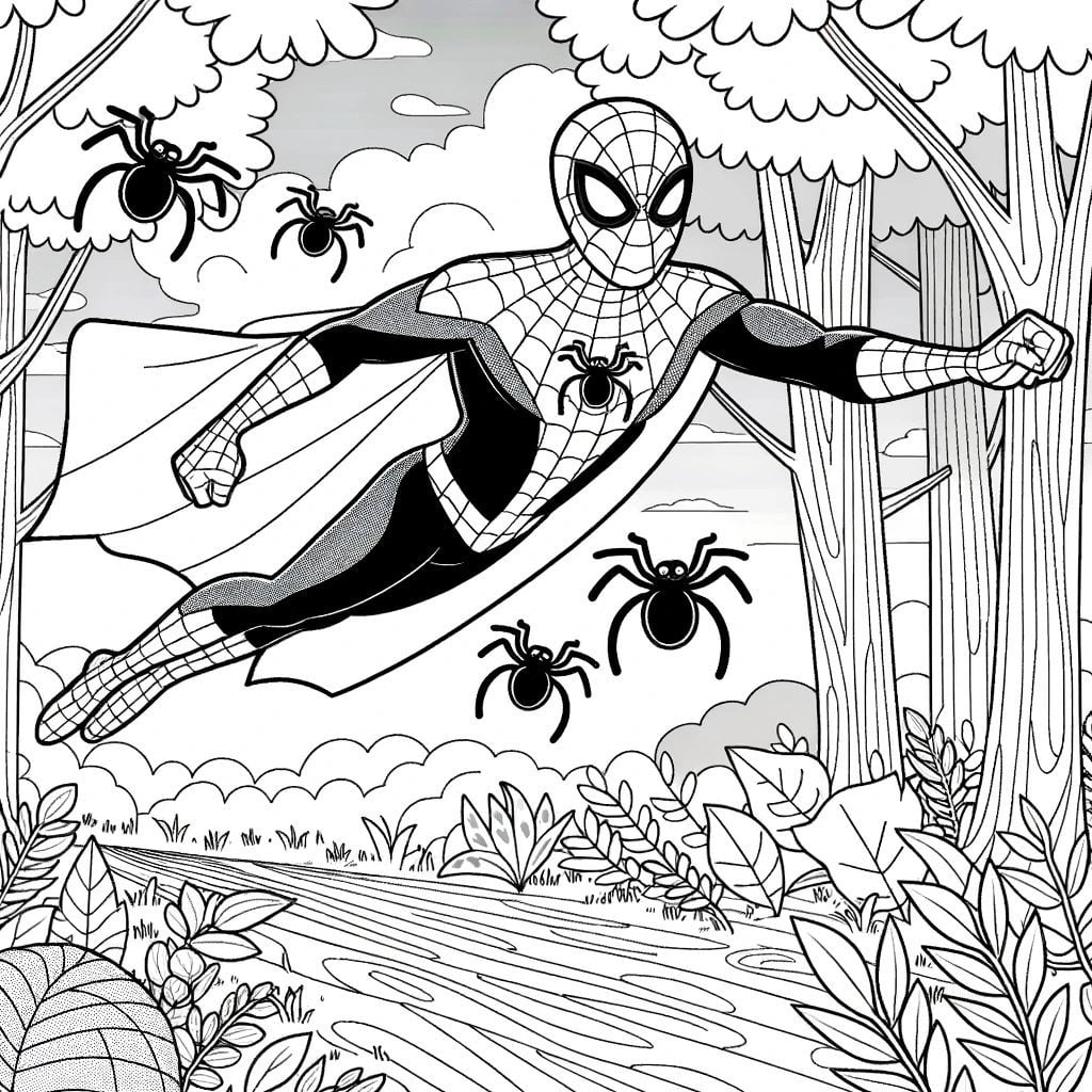 Dibujo de Spiderman volando en el bosque para colorear