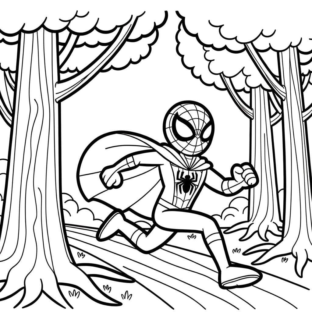 Spiderman bėga miške, piešinys vaikams spalvinimui