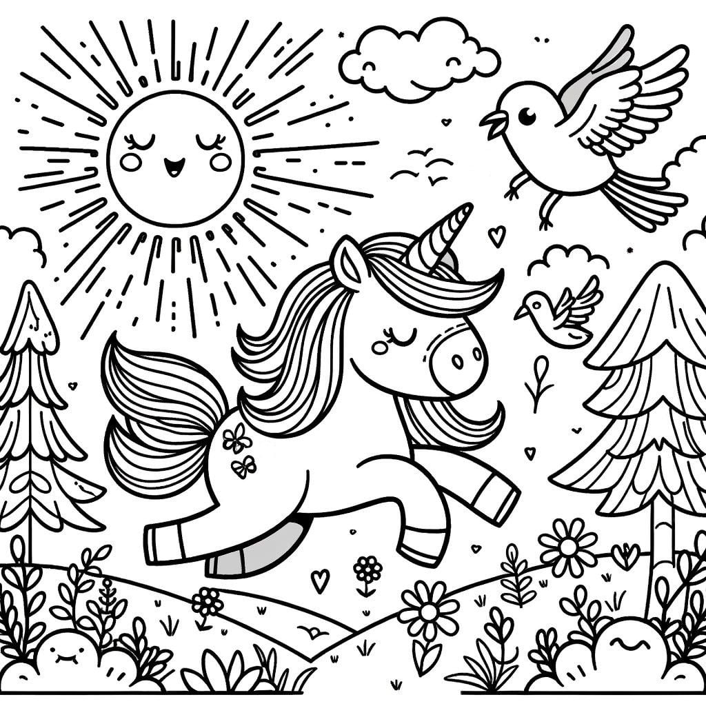Unicorn di halaman mewarnai matahari