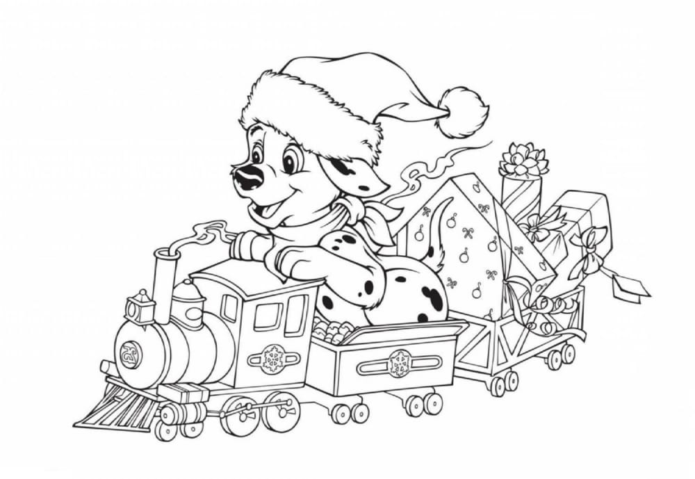 Cachorrinho de Natal no trem com presentes