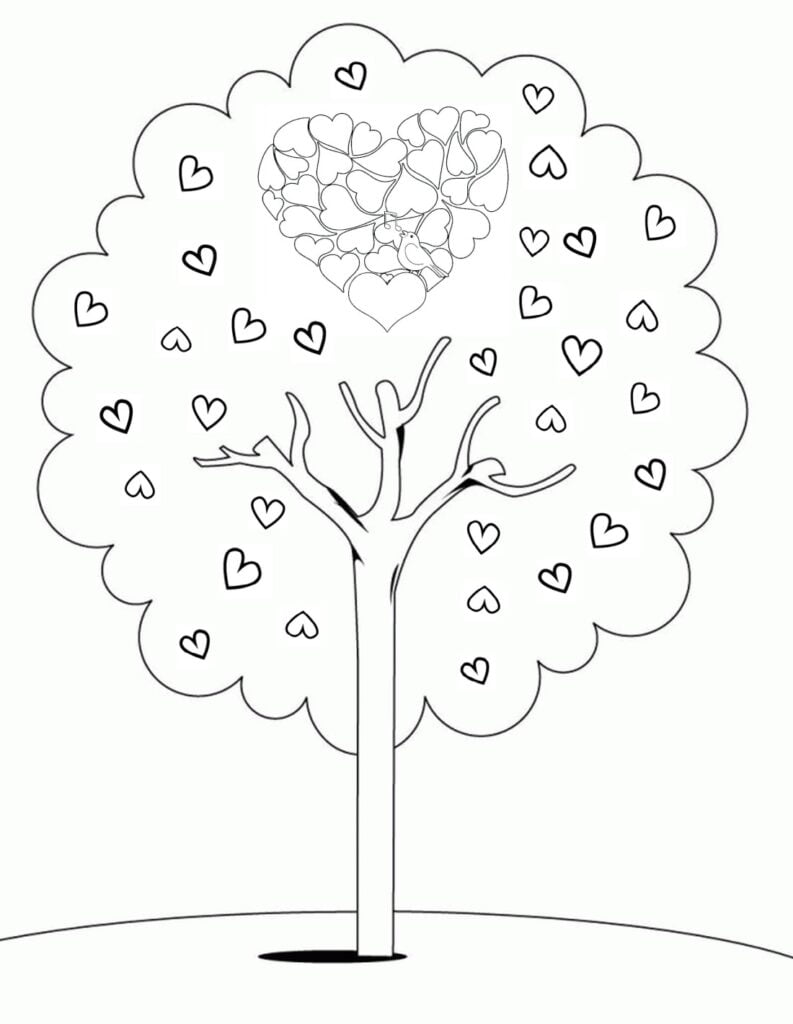 Árbol con corazones para colorear.