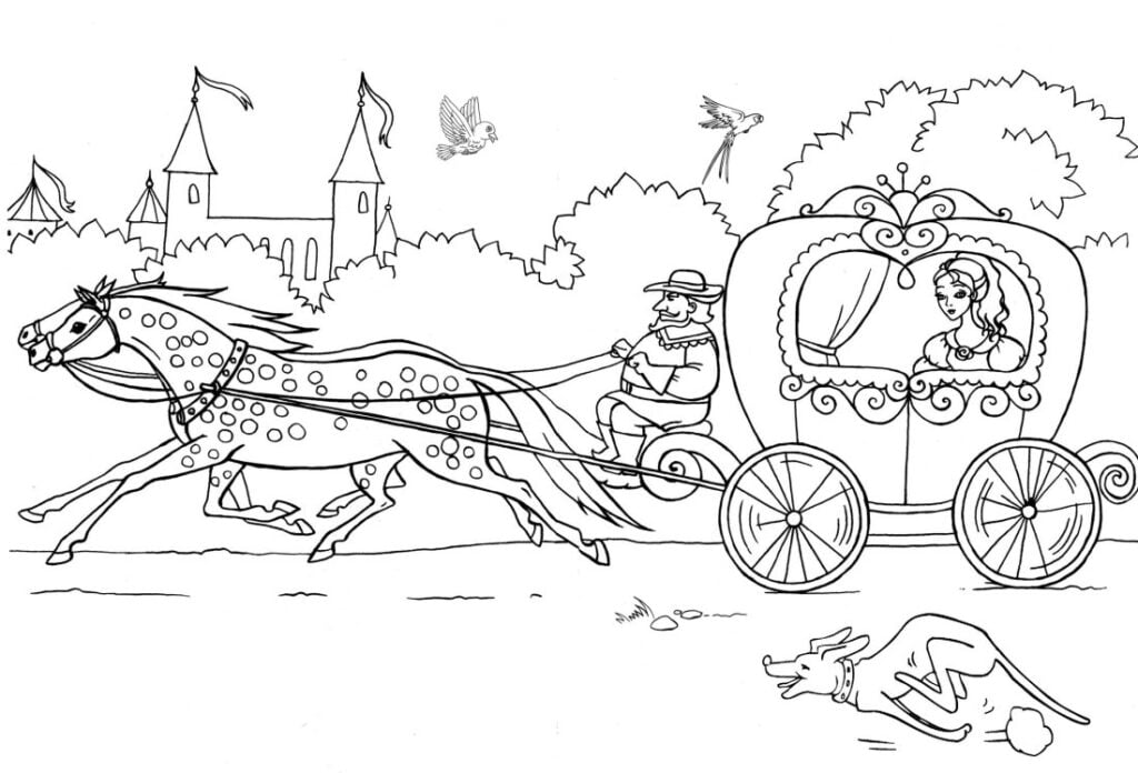 Pelenė princesė vežime, karietoje su arkliais važiuoja į pilį spalvinimui