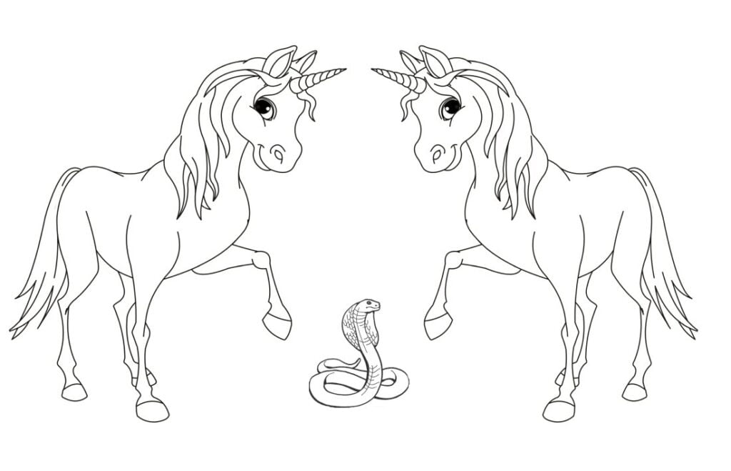 Maži arkliukai vienaragiai ir gyvatė spalvinimo puslapis ir knyga