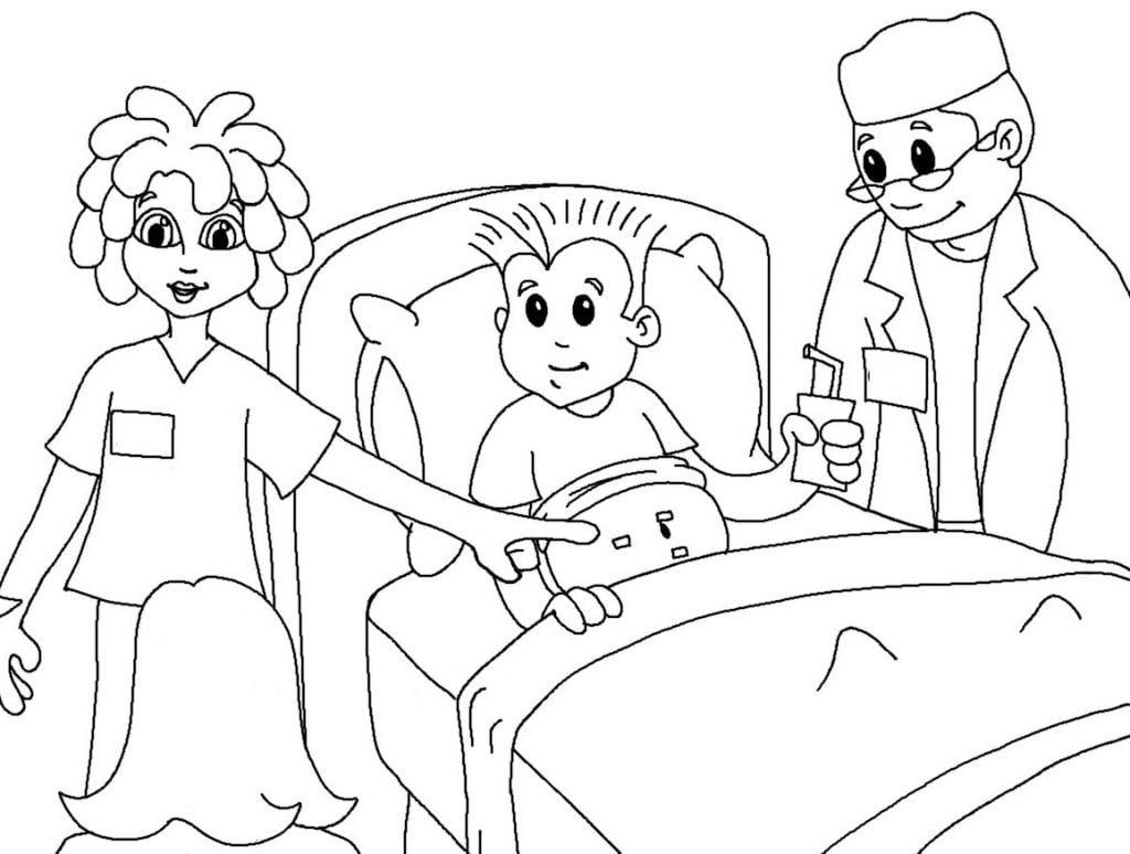 Pacienti në shtrat vizatime për ngjyrosje për fëmijë