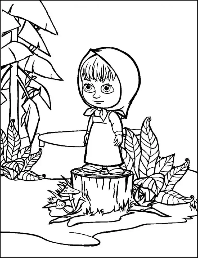 masha nella foresta su un ceppo