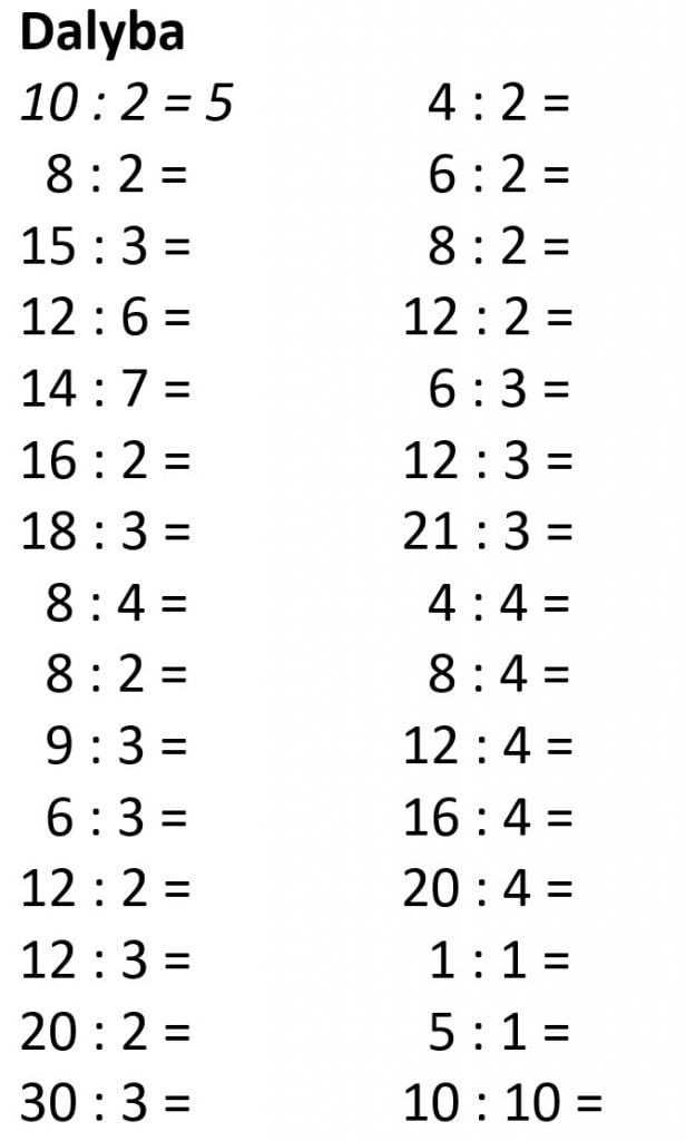 Matematika - dělení od 1 do 4.