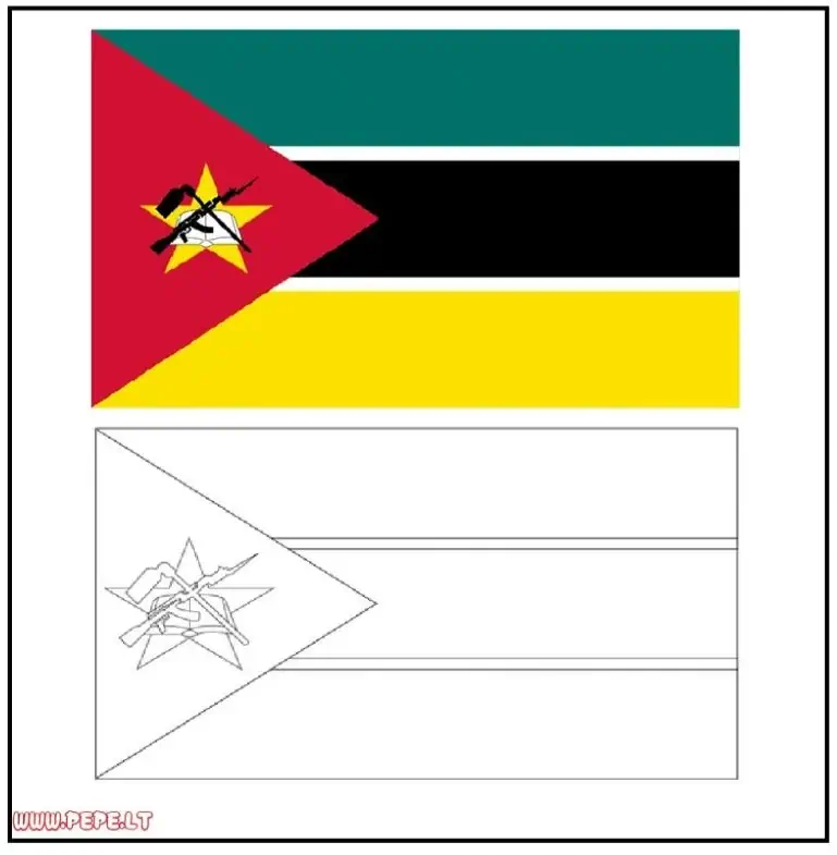 Mozambiko vėliava su žvaigžde ir knyga spalvinimui