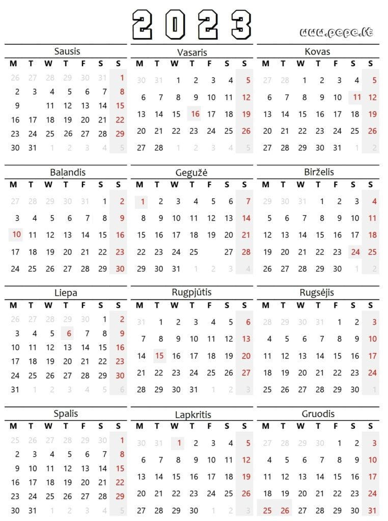 Kalendar za 2023 za štampanje