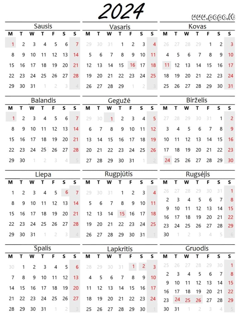2024 kalendorius spausdinti