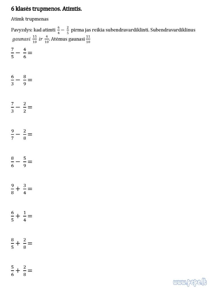 Soustraction de fractions pour la classe 6