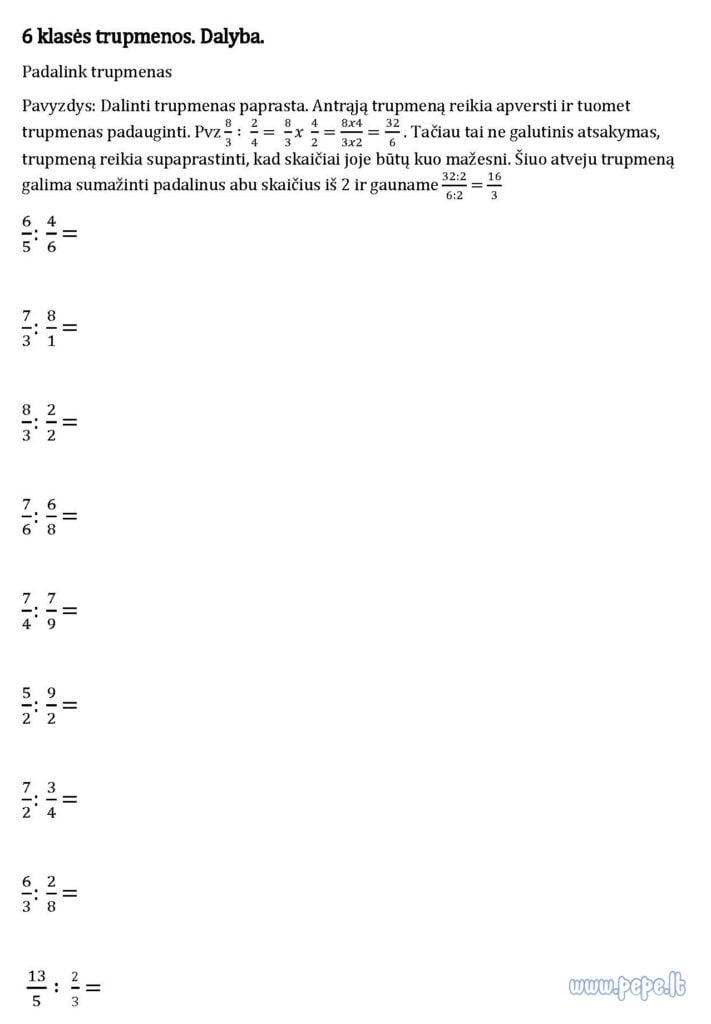 Sarcina de împărțire a fracțiunilor de clasa a VI-a