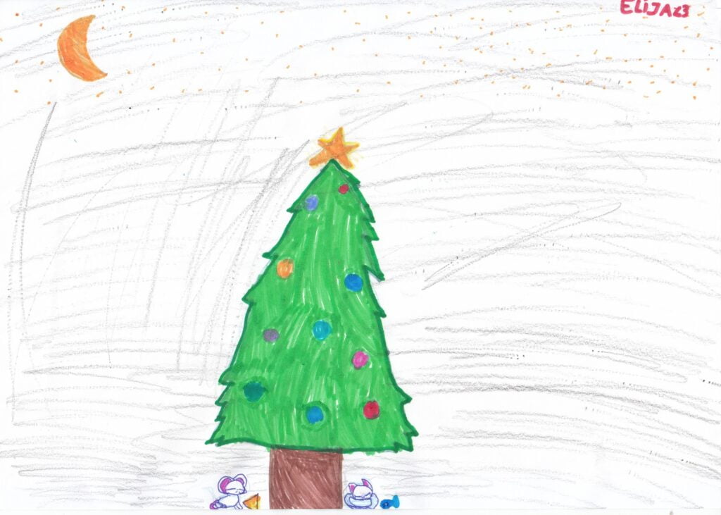 Desenul unui copil cu un brad de Crăciun