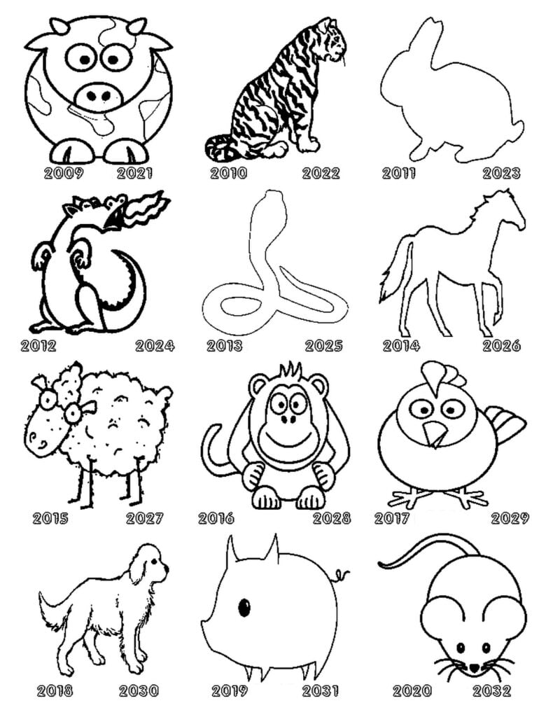 Los animales del zodiaco del año están coloreados.