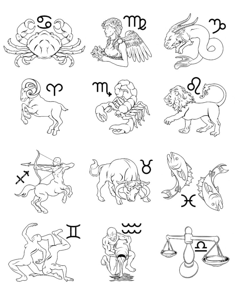 Horoskopų simboliai spalvinimas