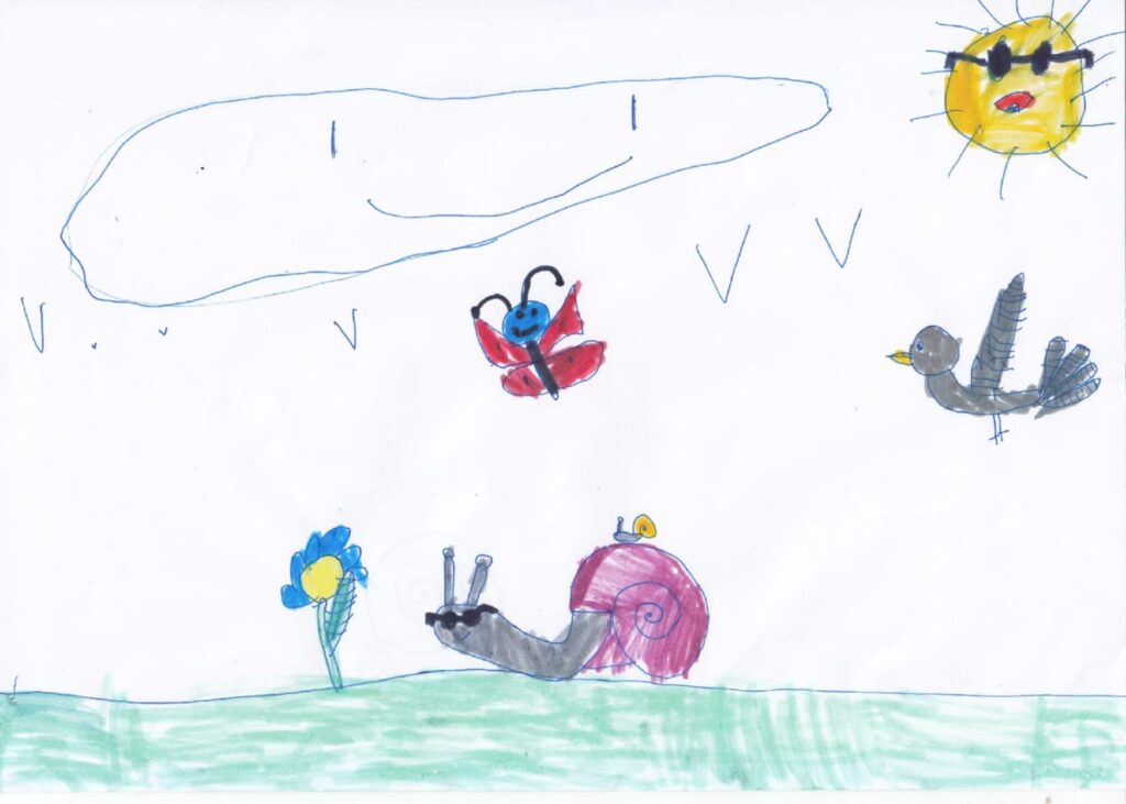 Et barns tegning av en snegl
