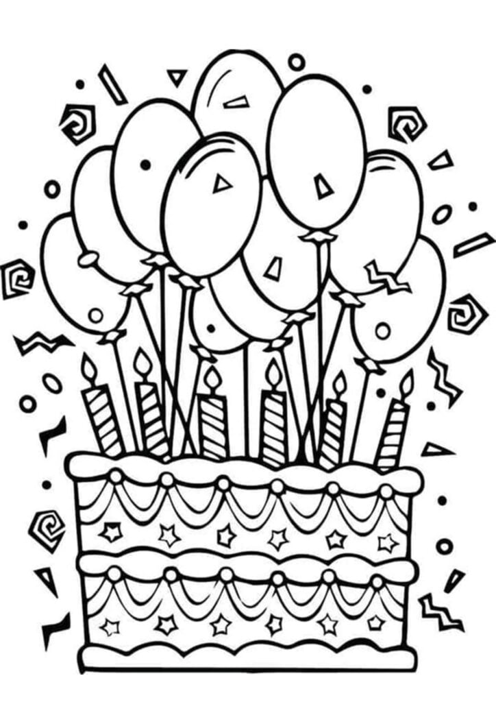 Kakku ja ilmapallot syntymäpäivävärityskuvat